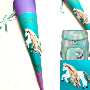 Schultüte mit Einhorn und Wollmähne, Regenbogen, passend zum Ergobag Zaubärwelt