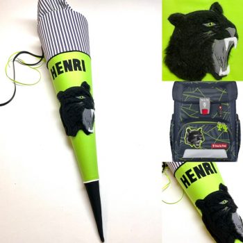 Schultüte mit schwarzem Panther aus Fell, passend zum Step by Step Danger Cat Chiko