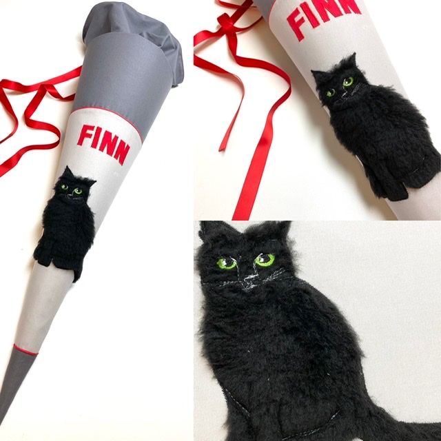 Schultüten aus Stoff mit schwarzer Katze aus Fellimitat, Kater