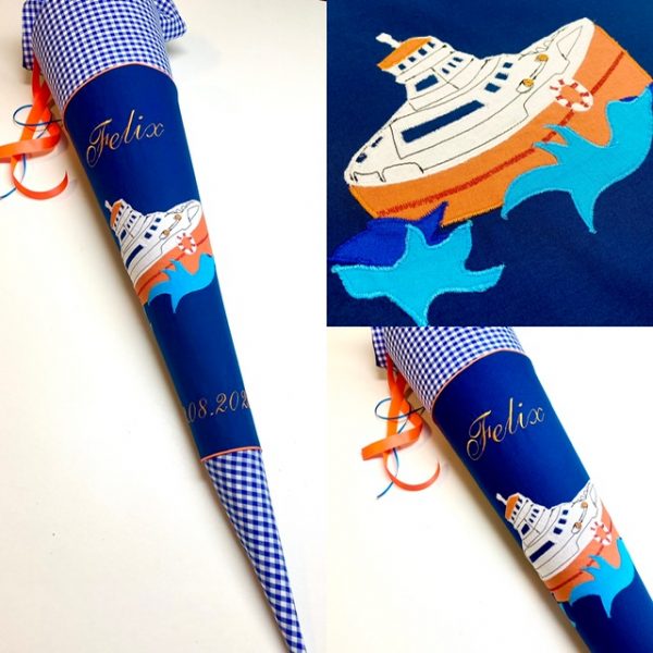 Schultüte aus Stoff mit Yacht, Boot, Schiff