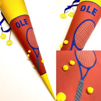 Schultüte aus Stoff mit Tennisschläger und Tennisbällen