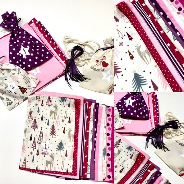 Adventskalender aus Stoff, Lila, Rosa und Pink, Stoffsäckchen mit Rentieren, Tannenbäumen und Engel