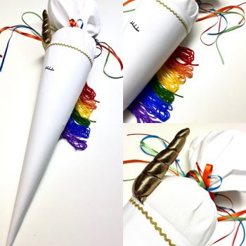 3D Schultüte aus Stoff, Einhornschultüte, Einhorn mit Regenbogenmähne und Horn zum Anfassen