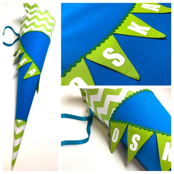 Schultüten aus Stoff mit Wimpelkette, Wimpel mit Namen und Datum