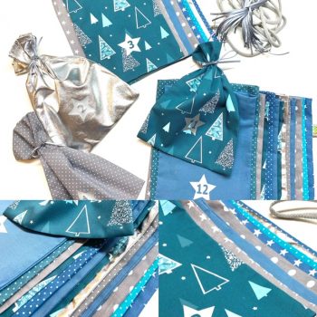 Adventskalender aus Stoff in Blautönen, Silber und Grau, Tannenbäume