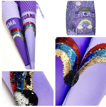 Schultüten aus Stoff mit Regenbogen aus Wendepailletten, passend zum Beckmann Schulranzen Dream