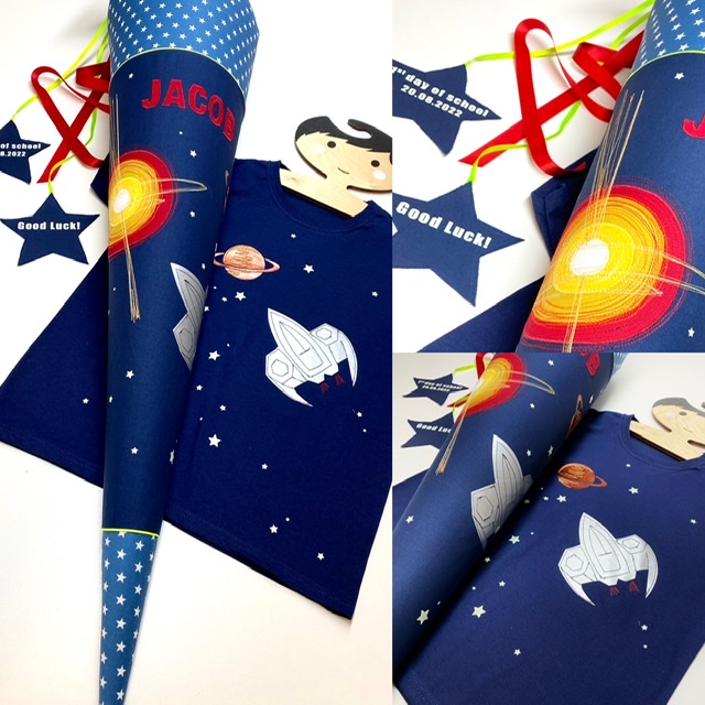 Schultüte und Einschulungsshirt mit Supernova, Starfighter und Saturn