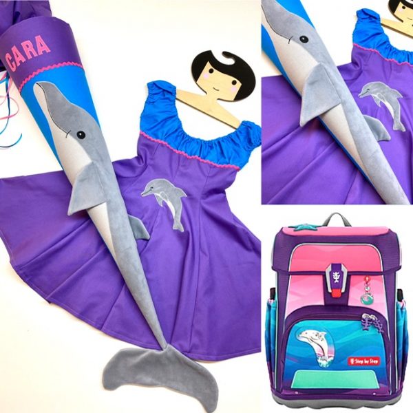 Schultüte als 3D Delphin mit passendem Kleid, Einschulungskleid, passend zum Step by Step Ocean Dolphin Lana