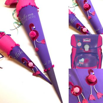 Schultüte aus Stoff mit Flamingo aus Wendepailletten, passend zum Scout Schulranzen Summer