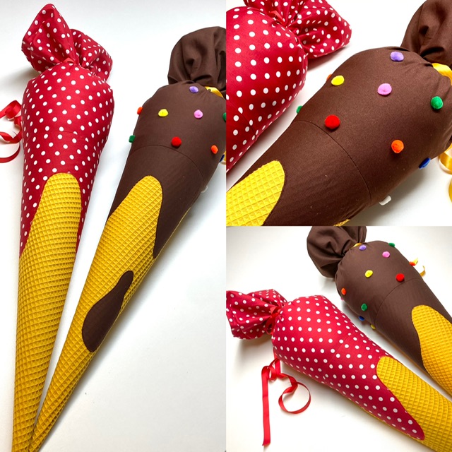 3D Schultüte aus Stoff, Eischultüte, Erdbeereis und Schokoeis mit Streusel