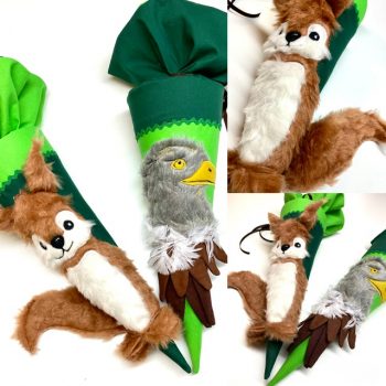 3D Geschwistertüten Schultüte mit flauschigem Eichhörchen und Adler mit 3D Federn