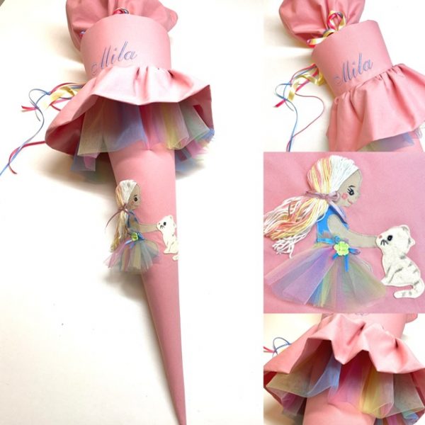 Schultüte mit kleinem Mädchen und Katze mit Tüll