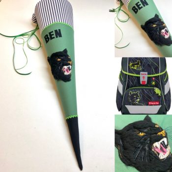 Schultüte mit schwarzem Panther aus Fell, passend zum Step by Step Danger Cat Chiko