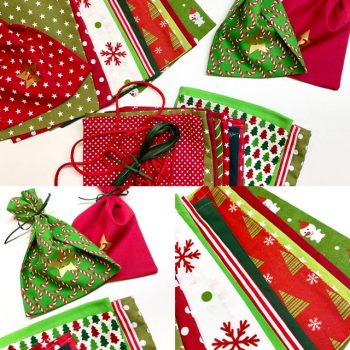 Adventskalender aus Stoff, Grün und Rot, Stoffsäckchen mit Gold