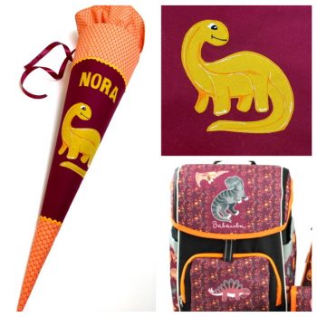 Schultüte aus Stoff mit liebem Dino, Langahals, Schulranzen Babouba
