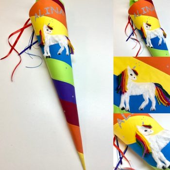 Regenbogen Schultüte mit Einhorn aus Fell und Regenbogenmähne