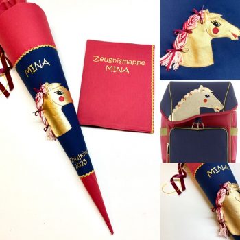 Schultüte mit goldenem Pferd und Flechtzopf passend zum Jeune Premier Saddle Bag Satteltasche