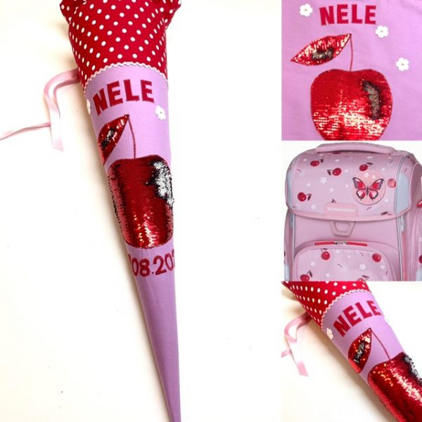 Schultüte aus Stoff mit Kirsche aus Wendepailletten und Kirschblüten, passend zum Scheiders Schulranzen Cherry Pop