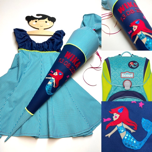 Schultüte aus Stoff mit Meerjungfrau im Paillettenkleid und passendem Einschulungskleid