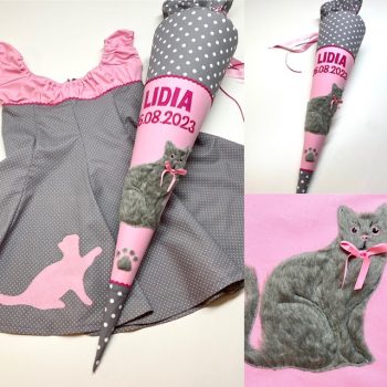 Kleid zur Einschulung und Schultüte mit Katze