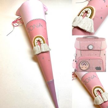 Schultüte mit Makramee Regenbogen und glitzernden Sternen, passend zum School Mood Rainbow