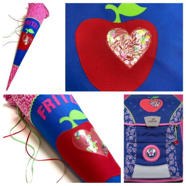 Schultüten aus Stoff mit Apfel und Herz aus Pailletten, passend zum DerDieDas Schulranzen Apfelblüte