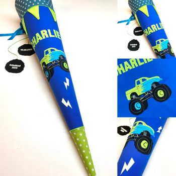 Schultüte mit Monstertruck und leuchtenden Blitzen
