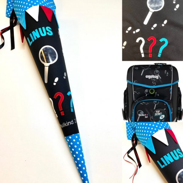 Schultüte Detektiv mit Lupe und Fusspuren, passend zum Ergobag Bärdektiv