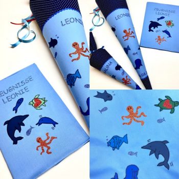 Schultüte mit Meerentieren, Keith Haring Art, Zeugnismappe und Geschwisterschultüte