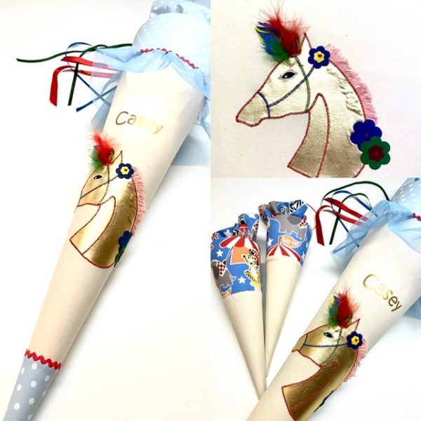 Schultüte mit Zirkuspferd, goldenes Pferd mit Federn, passend zum Cavalerie Florale von Jeune Premiere